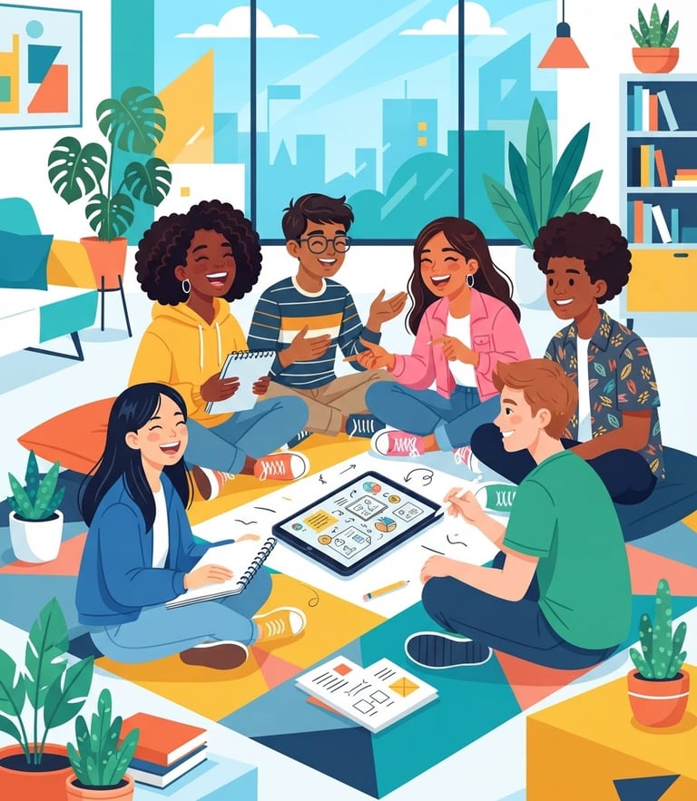 Bright flat vector illustration of diverse teenagers sitting together in a circle, laughing and sharing ideas, clean geometric shapes, vibrant cheerful color palette, modern graphic style