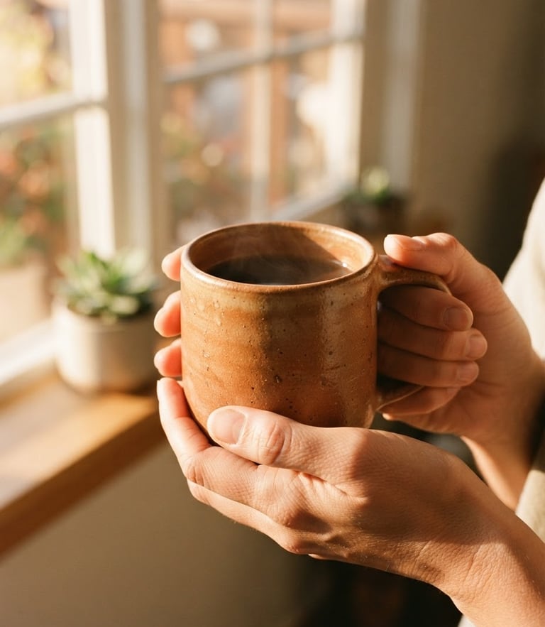 Hands holding a warm terracotta stoneware mug, bright golden-hour window light casting soft shadows, tactile glaze texture, 35mm lens