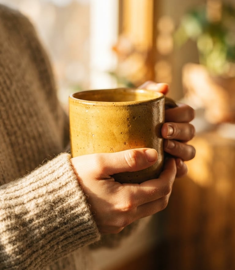 Close-up of a warm yellow stoneware mug held by hands with natural sunlight, bright golden-hour window light, tactile glaze textures