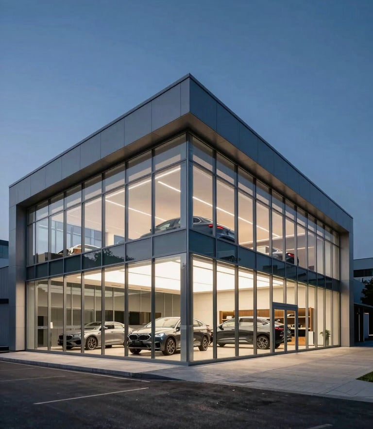Wide angle architectural shot of a modern glass automotive dealership at dusk, sharp cool lighting, clean steel lines, dark negative space.