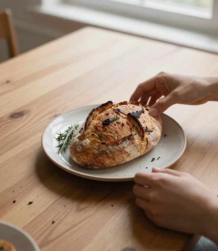 Overhead flat-lay of a Scandinavian-style wooden dining table, soft natural window light, hands arranging a ceramic plate of fresh sourdough bread and herbs, cozy editorial food photography, 35mm