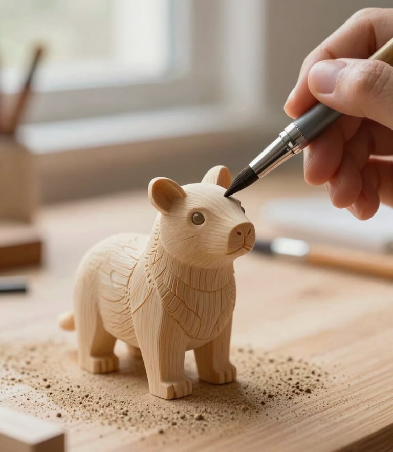 A macro close-up of a custom 3D printed animal figurine being hand-painted with a fine brush, soft workshop light, warm sand and wood tones, shallow depth of field.