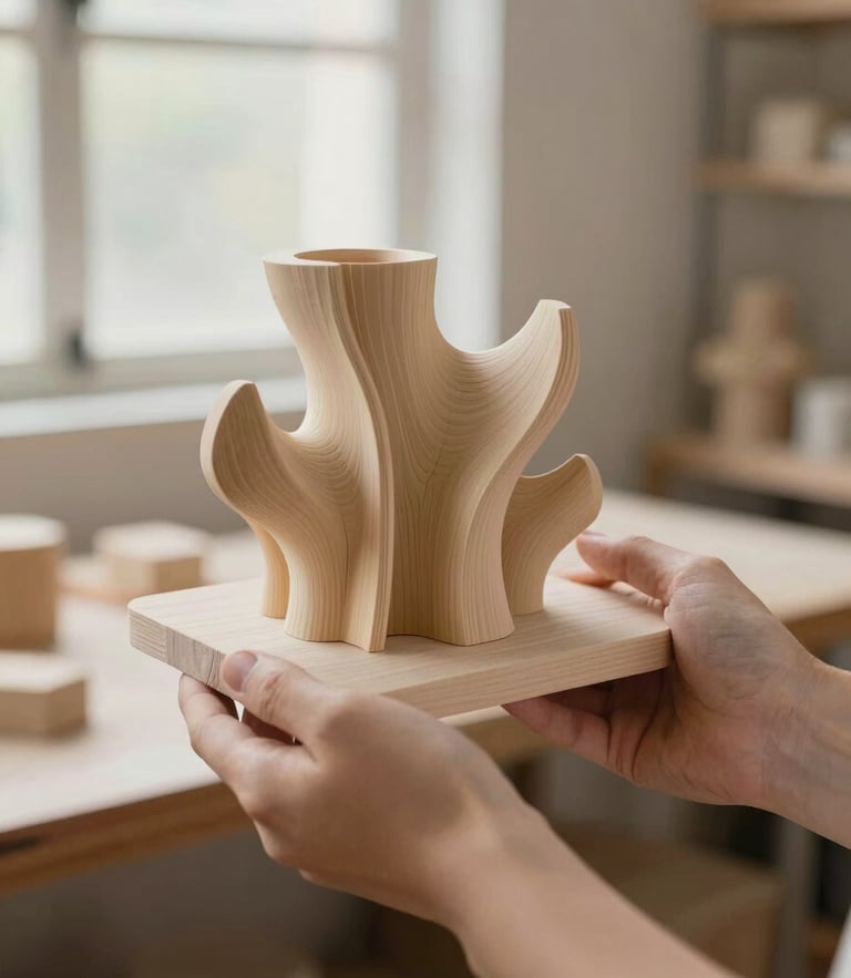 Warm editorial photography of hands holding a beautifully finished 3D printed organic sculpture, soft natural workshop window light, tactile wood and sand tones, shallow depth of field, 35mm