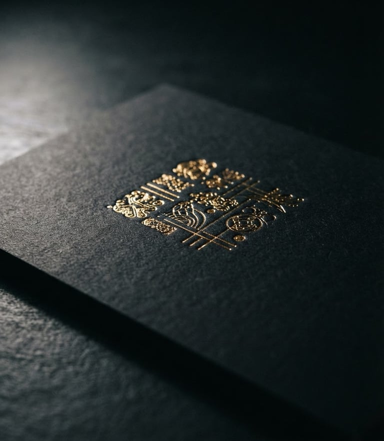 Moody luxury product photography of a matte black booklet with gold foil lettering catching low-key side-lighting, macro lens, high-contrast texture.