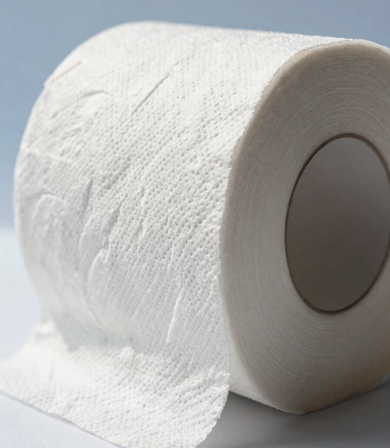 A close-up shot of a pristine, white double-ply toilet paper roll showing the delicate embossed pattern, bright natural daylight, clean sky blue background