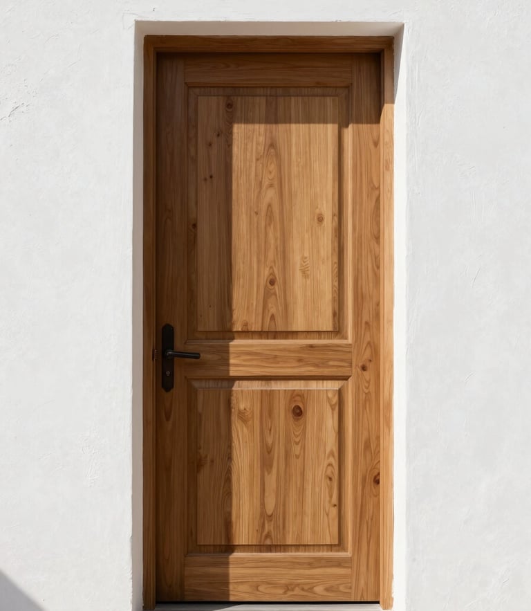 Straight-on architectural shot of a heavy oak front door set in a clean white stucco wall, bright natural daylight, sharp focus