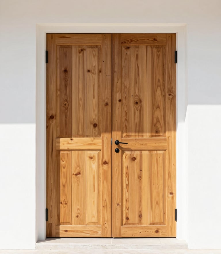 Straight-on architectural shot of a massive white oak pivot door, bright natural daylight, clean white walls, warm wood textures, 35mm