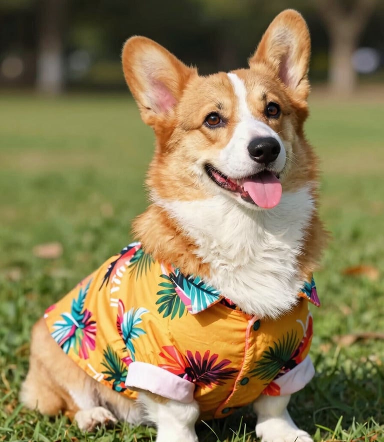 Bright natural pet photography of a happy corgi wearing a vibrant tropical print shirt sitting in a sunny park, candid 35mm