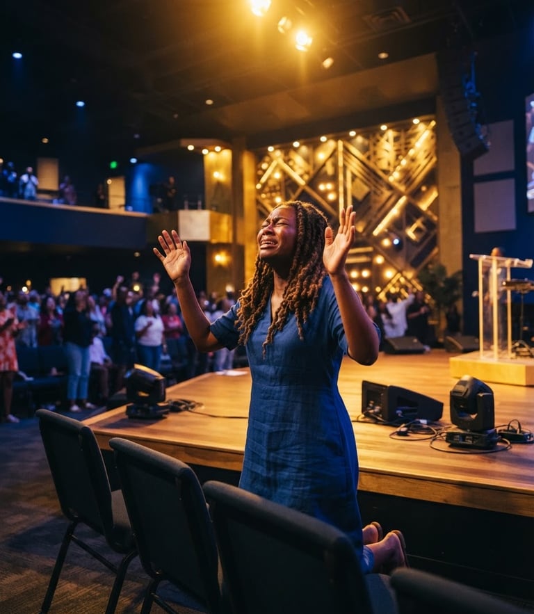 Expressive and passionate prayer in a modern sanctuary, warm dramatic golden stage lighting reflecting off golden accents, wide-angle editorial photography