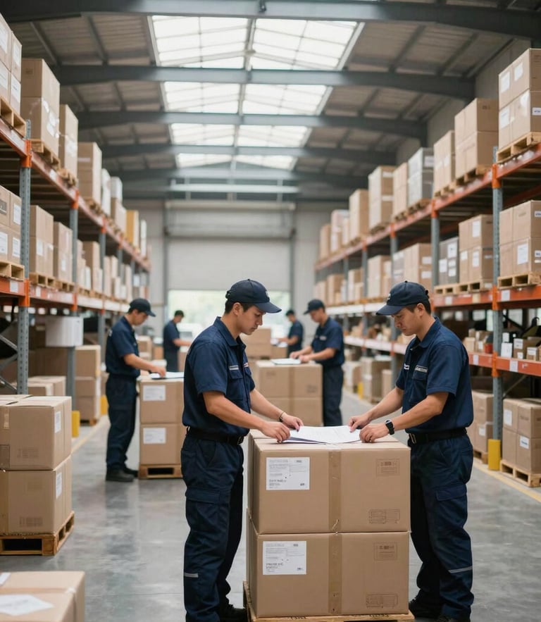 Wide environmental shot of disciplined logistics workers in clean, matching navy uniforms organizing a modern warehouse under bright, natural skylight.