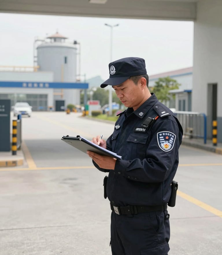 A disciplined security supervisor in a sharp navy uniform checking a digital logbook at an industrial plant entrance, clean daylight, wide environmental shot showing order.