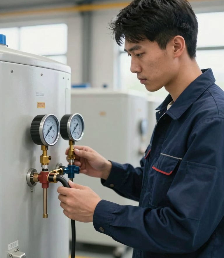 A medium-close shot of a disciplined technician in a clean, dark blue uniform measuring pressure on an industrial HVAC unit with analog gauges, bright natural warehouse lighting, sharp focus.