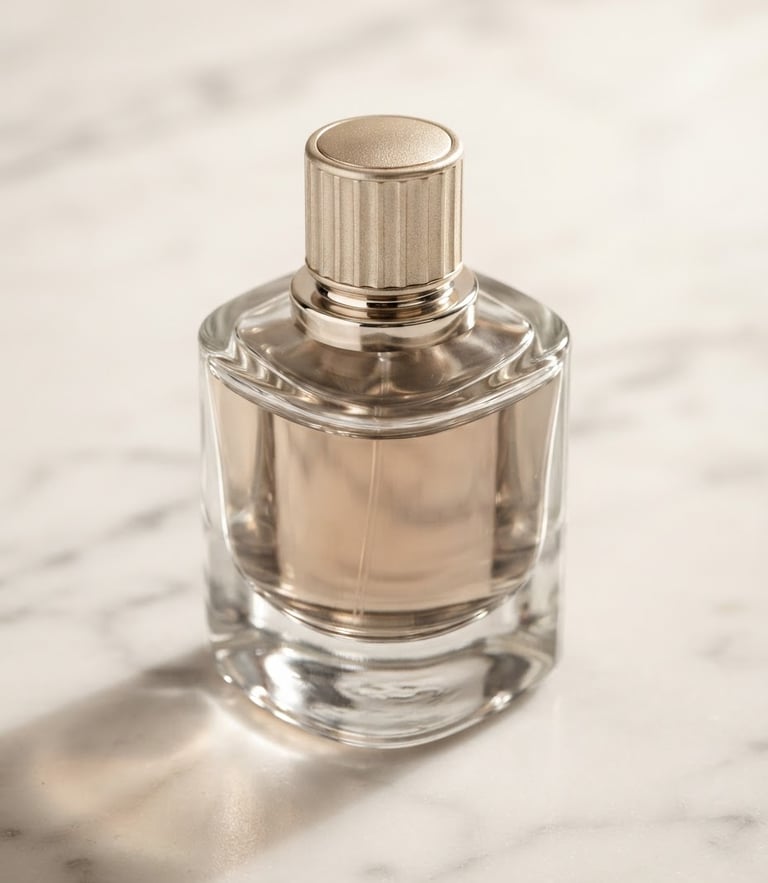 Macro studio shot of a heavy glass bottle on white marble, warm champagne gold light casting soft shadows, premium editorial beauty style