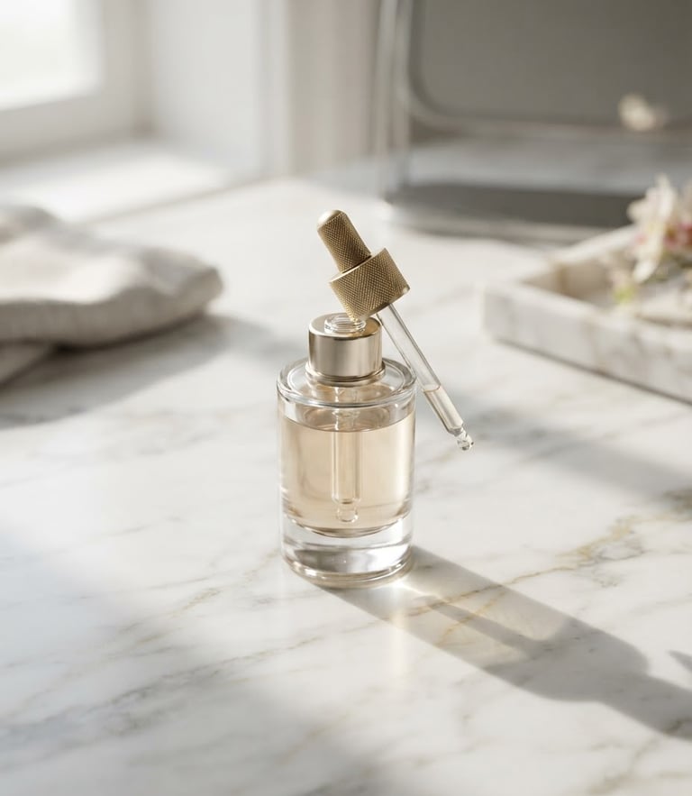A heavy glass bottle with gold dropper on a white marble vanity, soft morning light casting long elegant shadows, premium editorial beauty photography, soft directional studio lighting, clean white and champagne gold tones