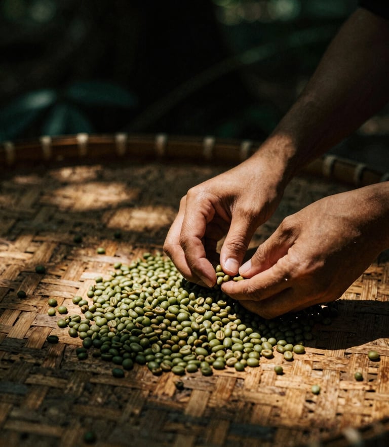 Moody close-up of hands sorting green coffee beans on a woven bamboo mat under the filtered golden light of a forest canopy, deep shadows