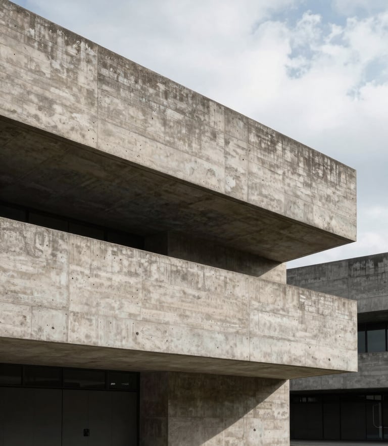 Stark architectural geometry of a brutalist concrete structure with deep cast shadows, overcast European daylight, minimalist composition.
