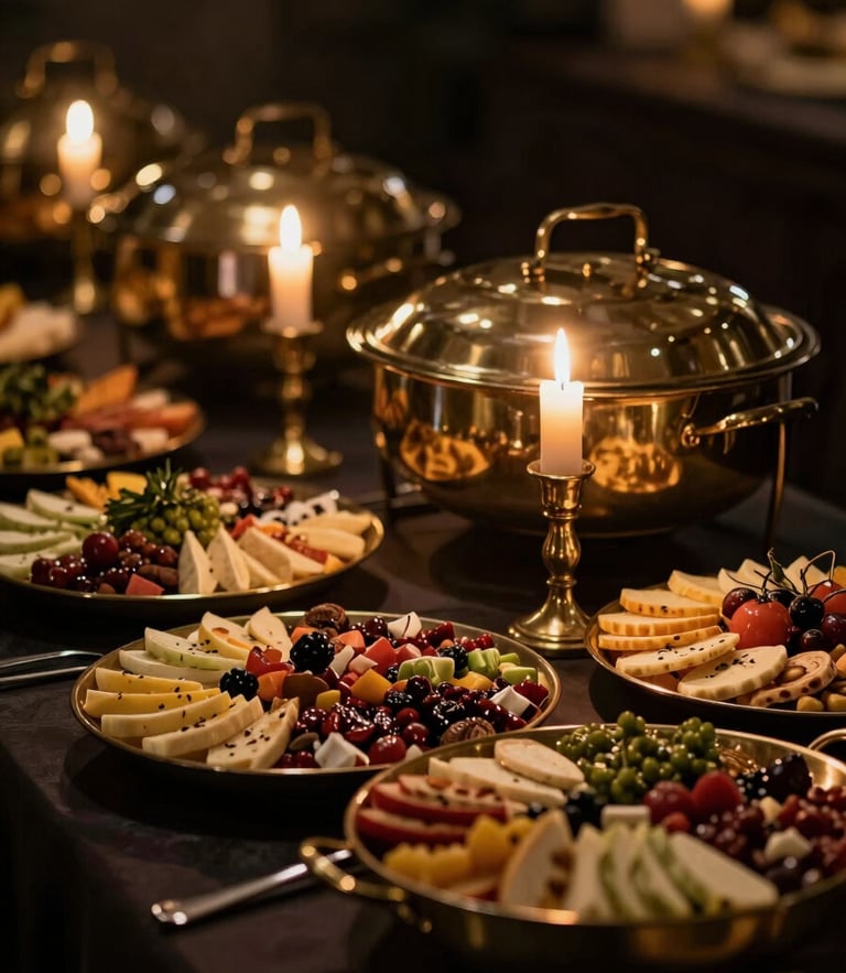 Close-up of a luxurious wedding buffet table, warm golden candlelight reflecting on polished brass serving dishes, artfully arranged Levantine mezze, dark moody background, shallow depth of field, 85mm lens