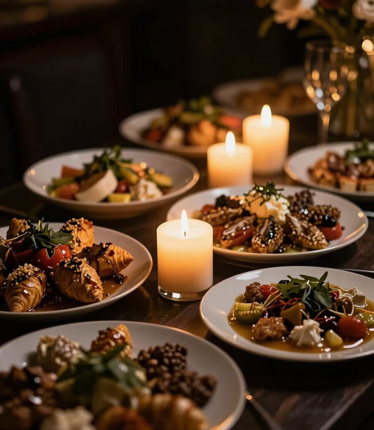 Close-up of a luxurious wedding buffet setup in Stockholm, glowing candles casting a warm golden light on premium Levantine dishes, dark moody background, elegant editorial food photography, 85mm lens