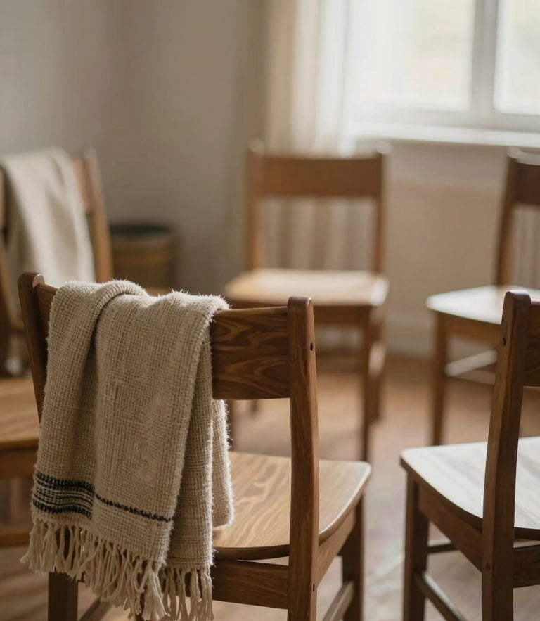 Soft diffused natural light warming a circle of empty wooden chairs with woven blankets draped over them, quiet atmosphere.