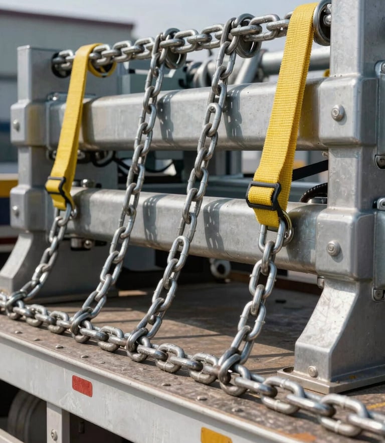 Close-up of heavy-duty steel chains and yellow tension straps securing industrial machinery on a flatbed trailer, metallic textures, sharp focus, crisp daylight