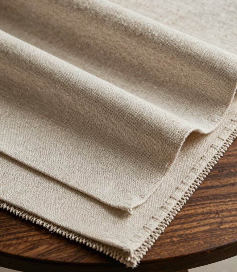 Macro shot of high-end linen drapery and textured wallpaper samples layered on a dark oak table, soft side lighting highlighting the weave, warm beige tones.