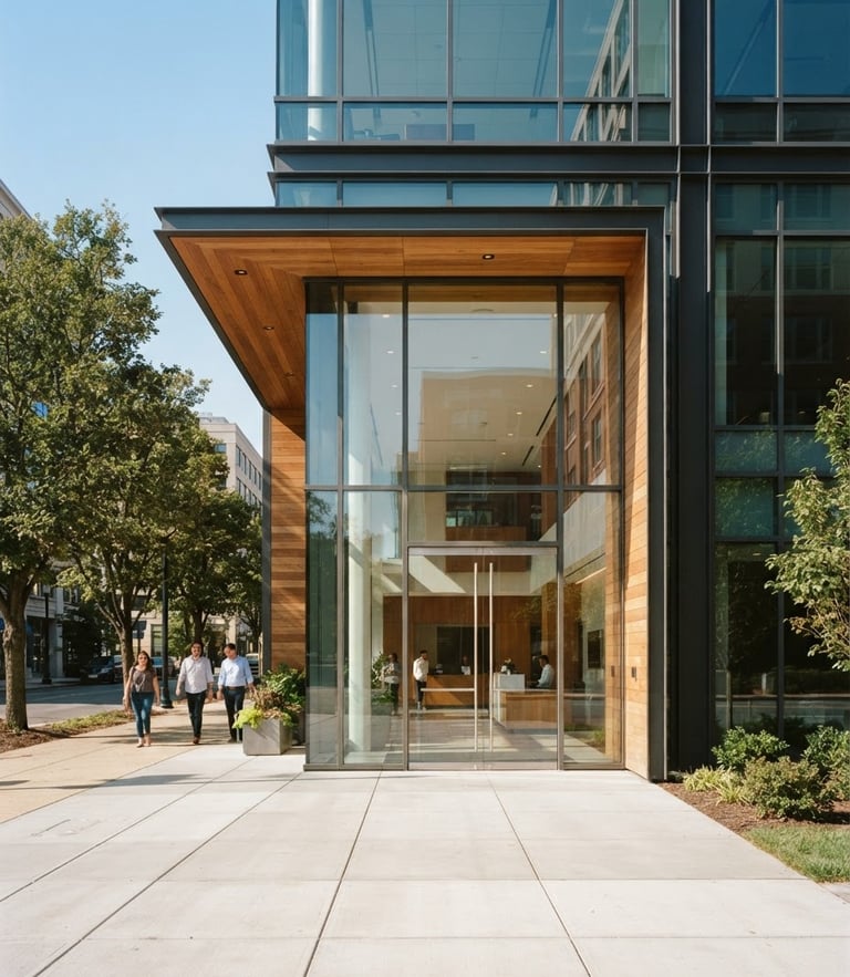 Bright architectural photography of a modern office building entryway in Wilmington, Delaware, natural daylight, high-contrast clean lines, warm editorial tone, 35mm lens