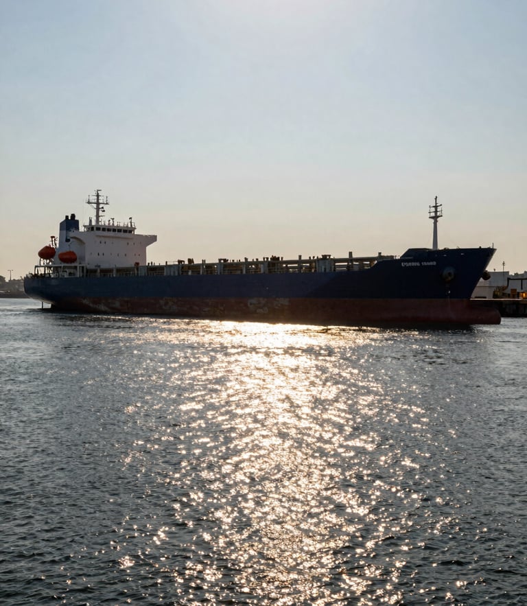 Wide environmental shot of Conakry port infrastructure at bright daylight, deep navy cargo ships, golden hour light reflecting on water, 35mm lens