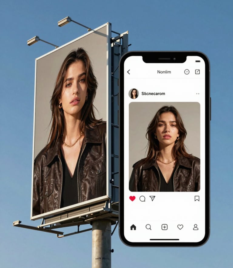 A high-impact physical billboard standing tall against a bright blue sky, paired side-by-side with a crisp smartphone screen displaying a matching social media advertisement.