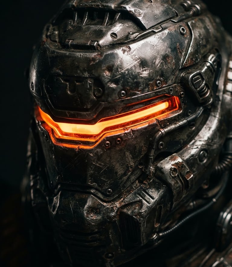Extreme close-up of a full-scale weathered sci-fi helmet, metallic battle scars, neon orange glowing visor, dramatic dark studio lighting, high-contrast, 35mm