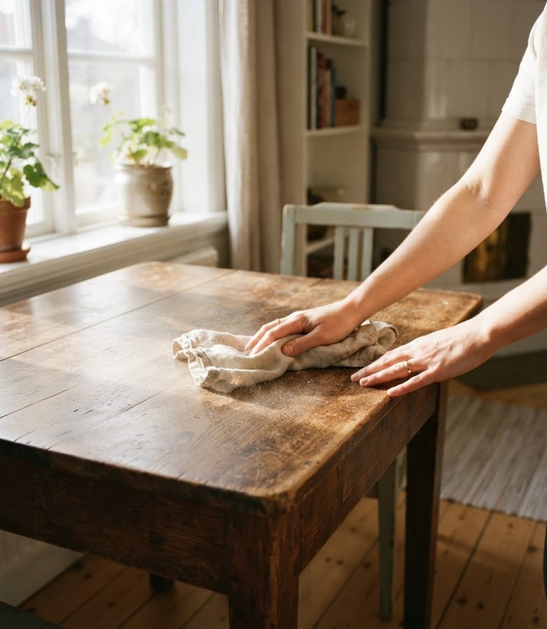 Hands dusting an antique wooden table with a soft cloth, warm window light, cozy Swedish home interior, 35mm photography