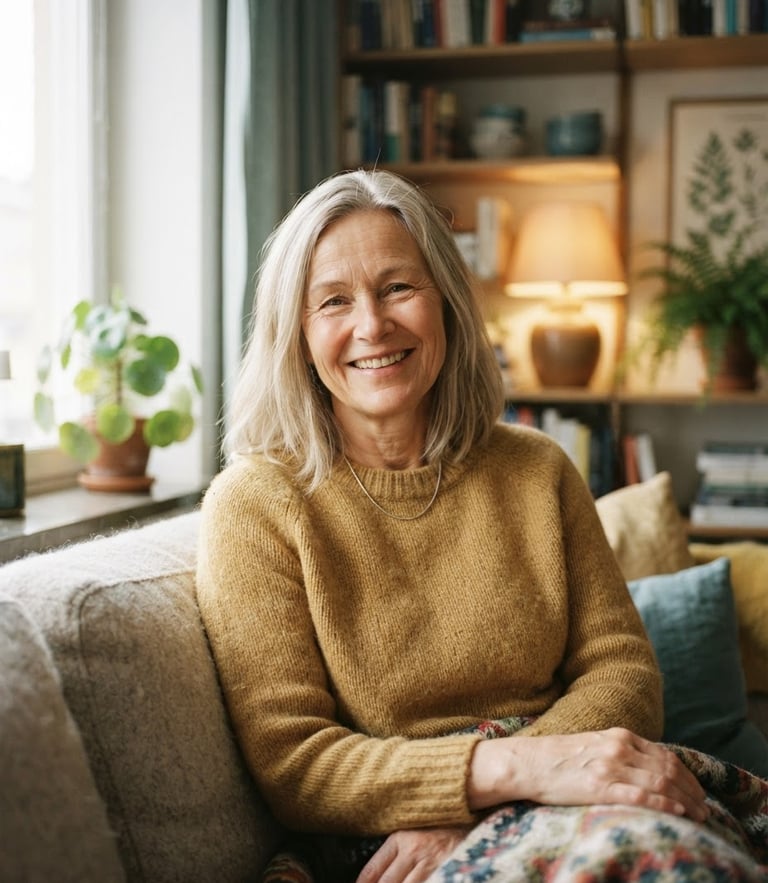 A warm, close-up portrait of a friendly middle-aged Swedish woman smiling in a cozy domestic living room, soft natural window light, rich gentle tones, 35mm