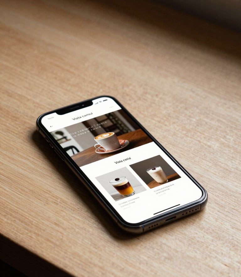 Vista cenital de un teléfono móvil sobre una mesa de madera clara, mostrando el diseño limpio y profesional de la página web de una cafetería local de la CDMX, iluminación natural.