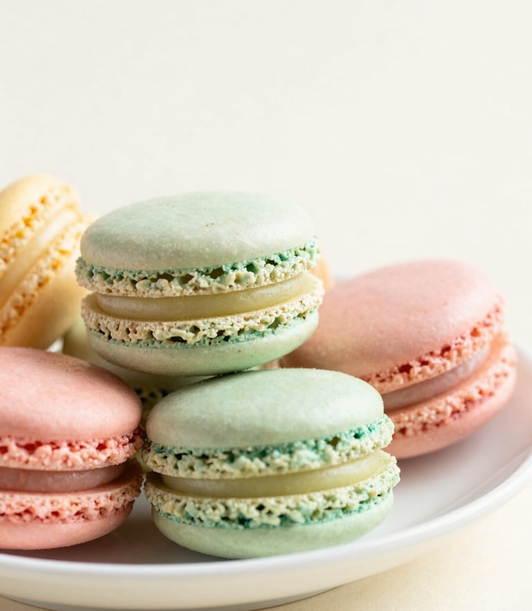 Close-up macro shot of colorful pastel macarons stacked neatly on a clean white ceramic plate, soft natural daylight, shallow depth of field, cream background.
