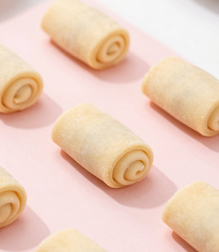 Overhead macro shot of hand-rolled pastries on a clean pastel pink surface, soft natural morning light, shallow depth of field
