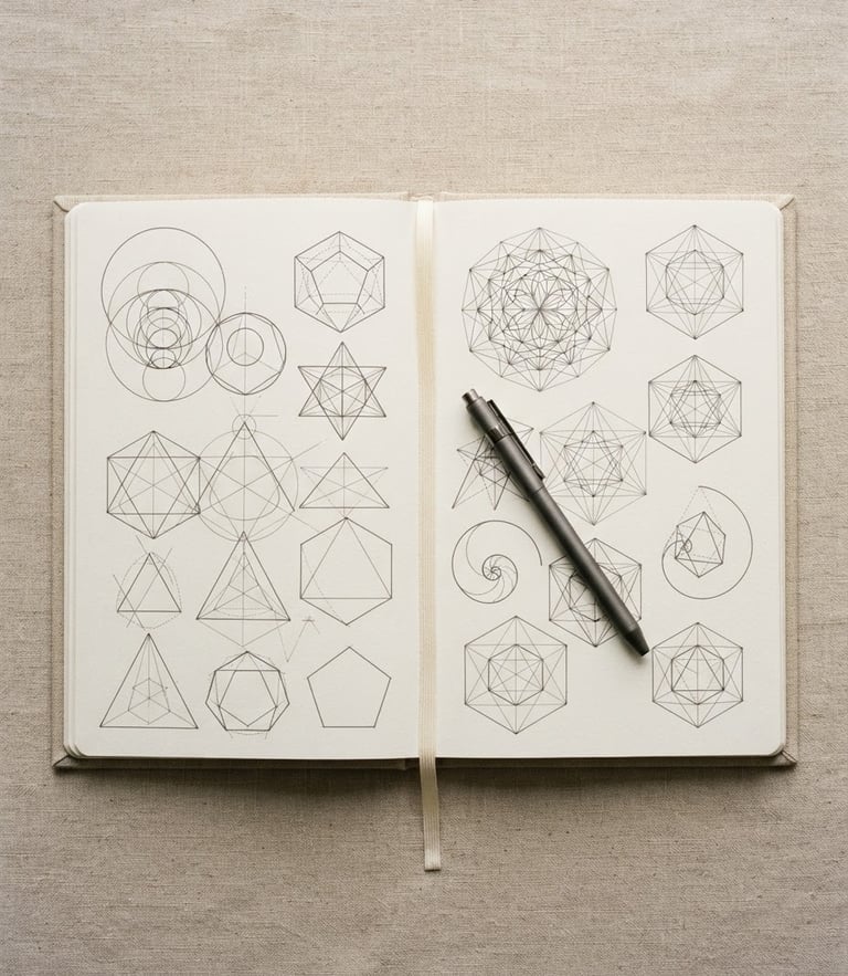 Overhead flat-lay of an open linen notebook with clean, hand-drawn geometric diagrams, a sleek pen resting on the page, soft natural morning light, beige tones.