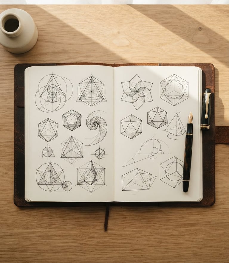Overhead flat-lay of an open leather-bound notebook with clean geometric diagrams, a classic fountain pen, soft morning light casting long shadows on a warm beige desk