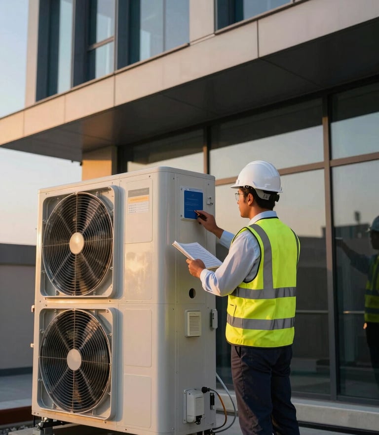 A professional Saudi engineer in a high-visibility vest and white hardhat inspecting a modern building's HVAC plant, crisp golden hour lighting, architectural perspective