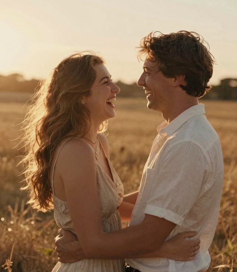 A candid medium shot of a young couple laughing and embracing in a sun-drenched golden-hour field, warm backlit film style, soft terracotta tones, shallow depth of field, 35mm