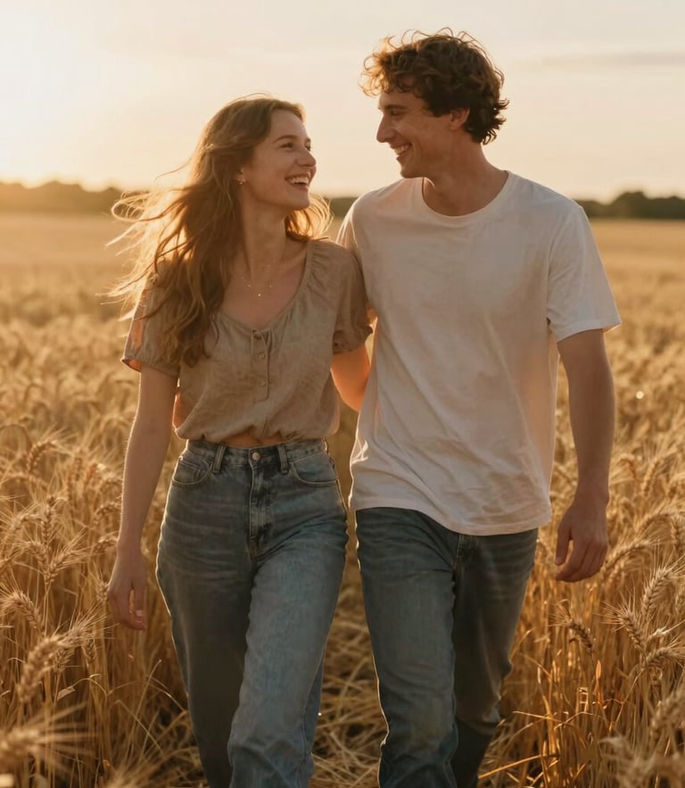 Candid portrait of a laughing couple walking through a sun-drenched golden wheat field, warm backlit lighting, soft flare, cinematic 35mm film style.