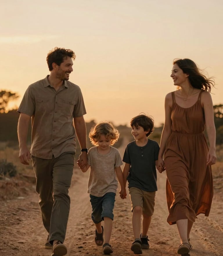 Candid medium shot of a family walking together on a dusty trail at sunset, laughing, backlit by warm golden-hour light, cinematic depth of field.