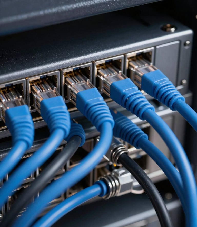 Macro shot of organized blue and black ethernet cables plugged into a sleek server rack, cool-toned high-contrast studio lighting, sharp focus, 50mm lens