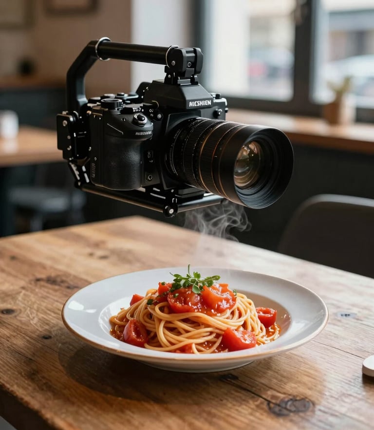 Close-up shot of a professional camera rig positioned over a steaming plate of heirloom tomato pasta on a rustic wooden table, natural window light casting soft shadows, cozy Scandinavian restaurant interior background.