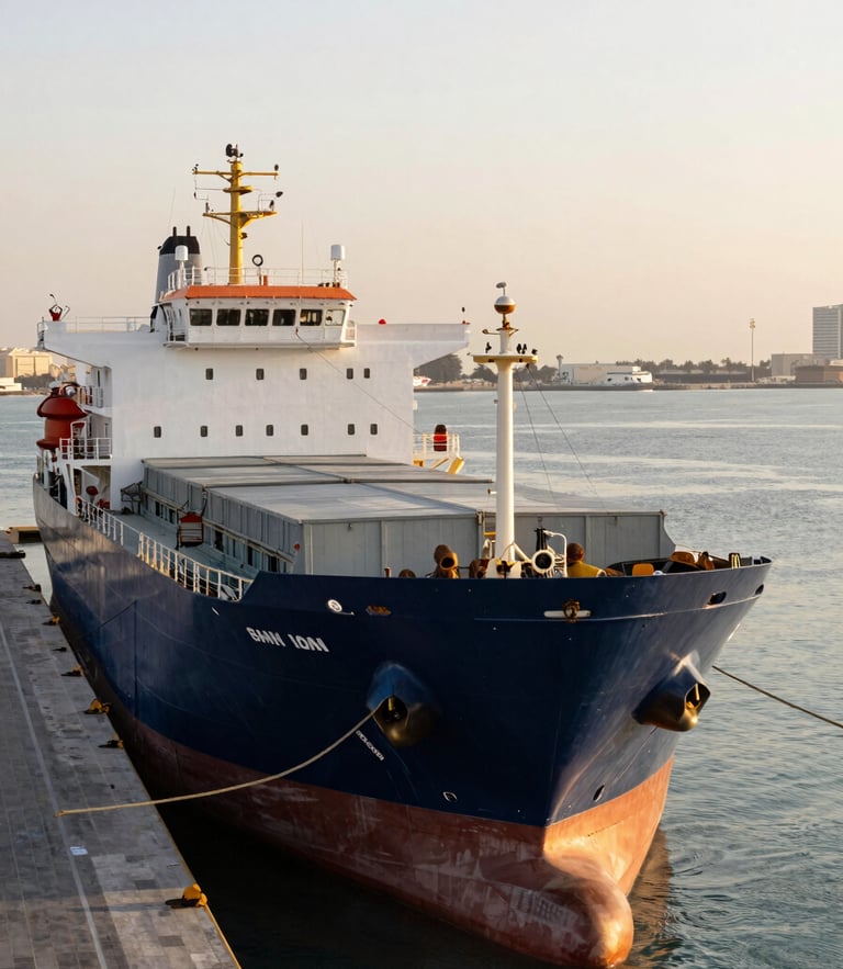 High-angle editorial corporate photography of Doha port at sunrise, cargo vessels, deep navy and gold tones, 35mm