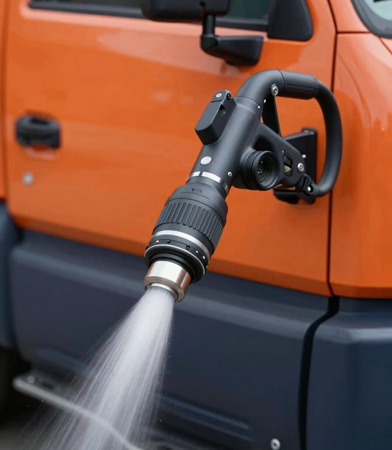 Close-up of a professional high-pressure hydrojetting nozzle on a clean service vehicle, bright direct lighting, industrial orange and navy details, ready for action.