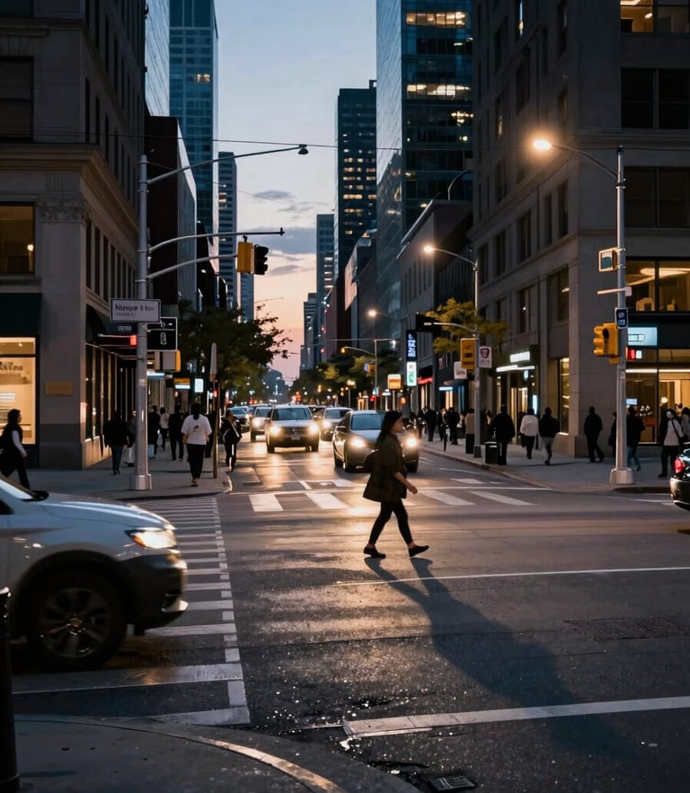 Wide-angle environmental shot of a busy Toronto intersection at dusk, dramatic street lighting, sharp urban shadows, high contrast.