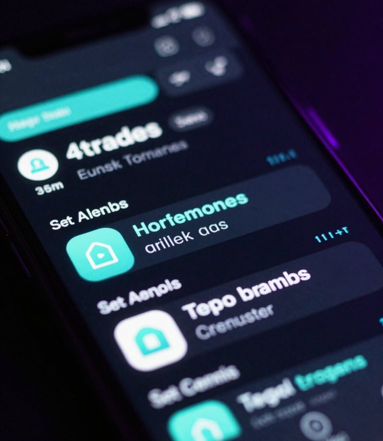 Tight macro shot of a smartphone device showing the 4trades help interface, neon teal and purple ambient lighting glowing on the screen, dark-mode UI photography, high-contrast tech aesthetic, shallow depth of field, 35mm.