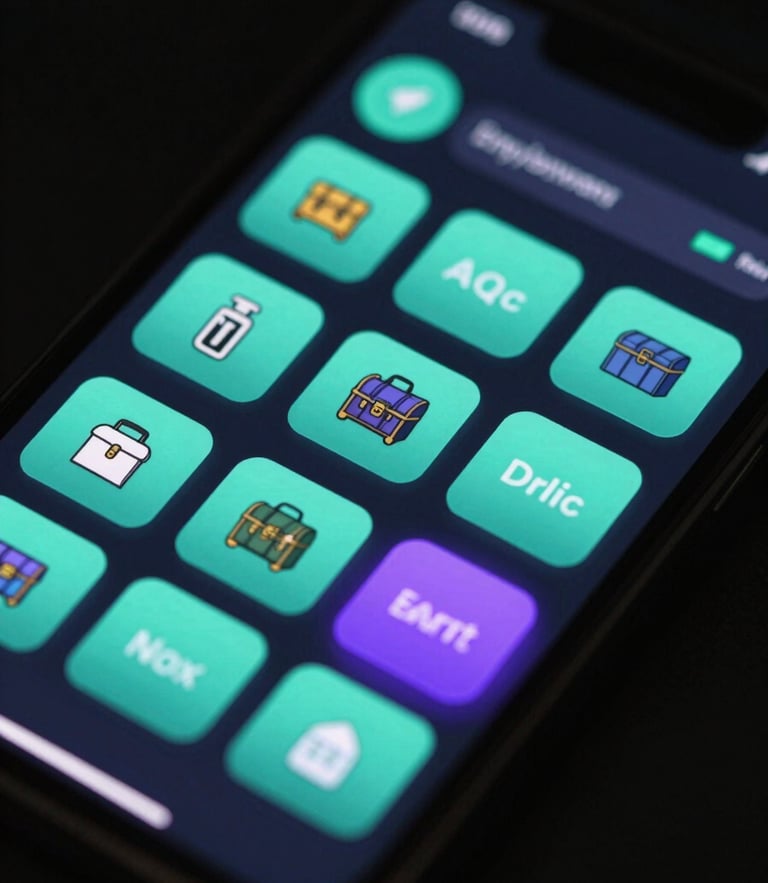 A high-fidelity mobile app screenshot of a trading dashboard on a dark screen, glowing teal and purple buttons, showing a digital chest of items, high-contrast studio light, shallow depth of field, 35mm