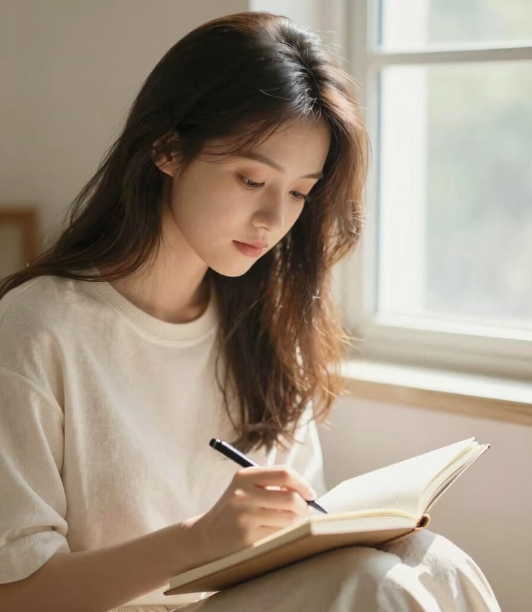 Candid medium shot of a young woman sitting by a bright window, journaling thoughtfully, soft natural light, warm cream tones, 35mm