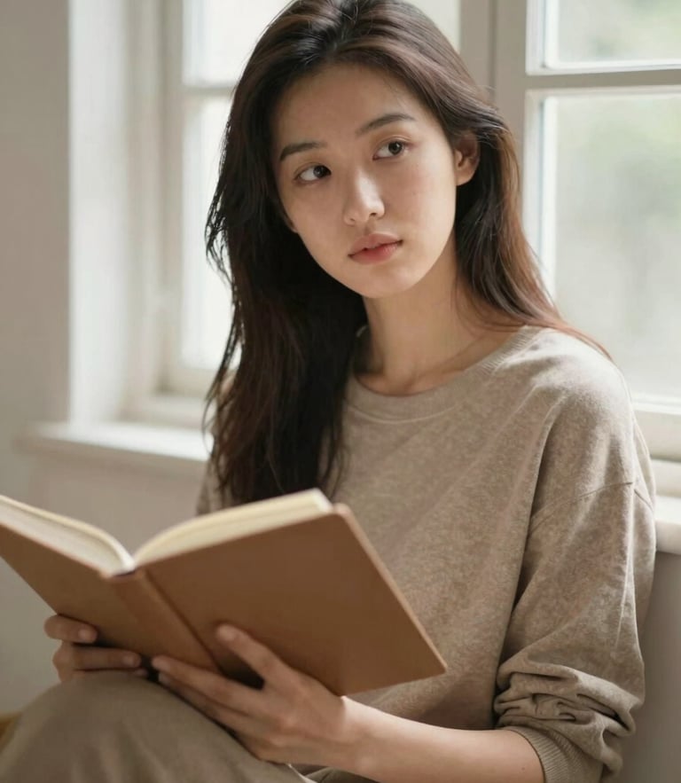 A thoughtful young woman sitting by a bright window, holding a journal, soft natural light, warm earthy tones, candid framing, shallow depth of field, 35mm