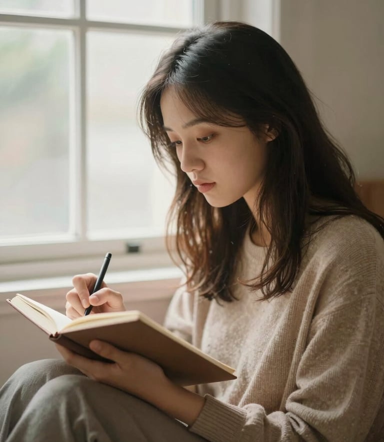 A thoughtful young woman sitting by a bright window, journaling in a quiet room, warm natural light, soft earthy tones, 35mm.